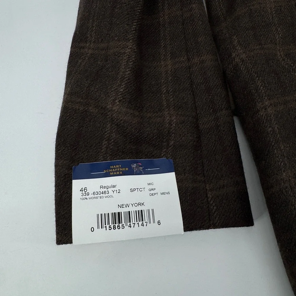 Hart Schaffner Marx Mens 46R Brown Plaid 100% Worsted Wool Blazer Sport Coat USA